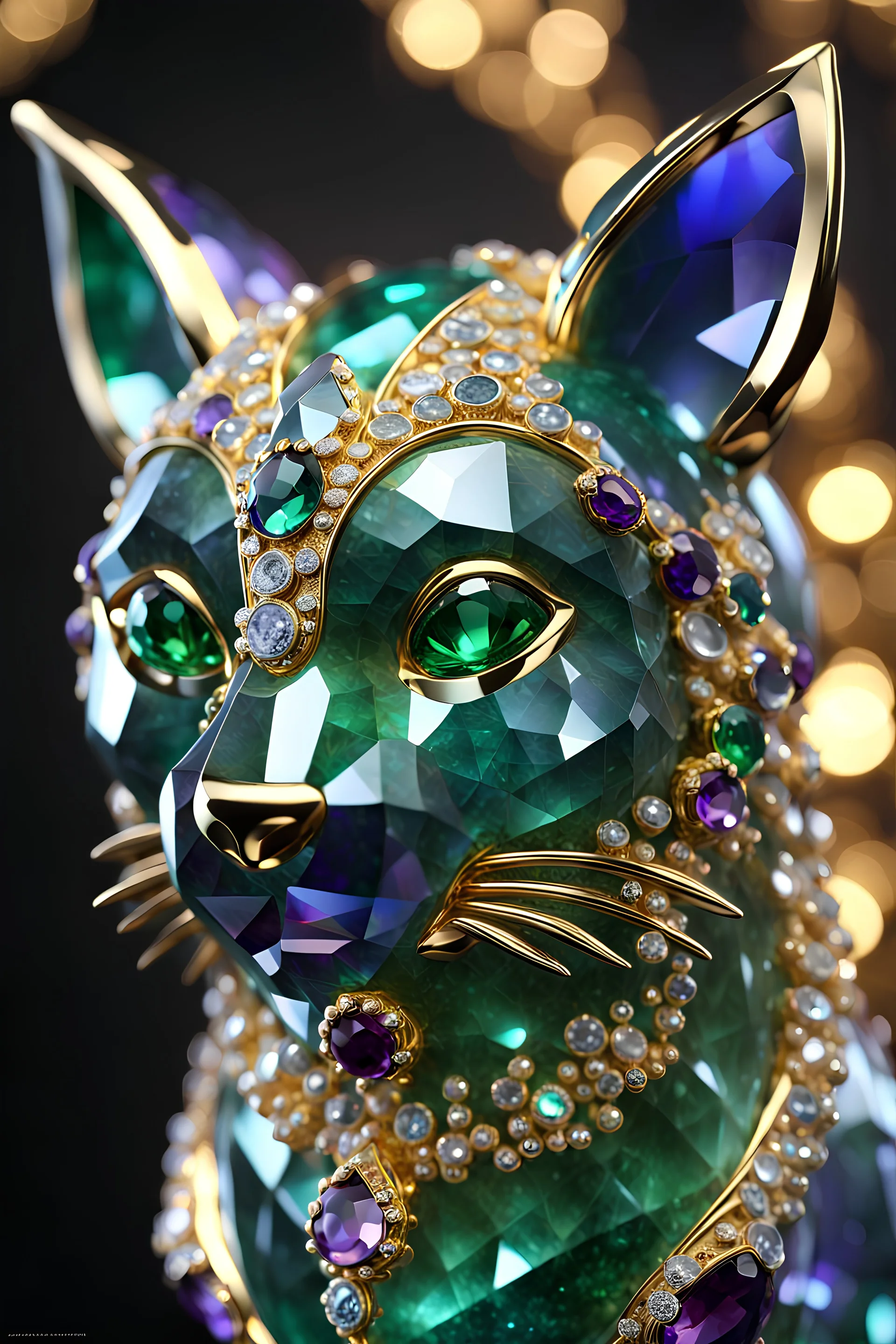 large crystal cat statue, regal, award winning sculpture, artistic, creative, wow, beautiful, hyper realistic, bokeh, made of small shiny slabs of slightly opaque jade with multicolored emerald and sapphire and amethyst and sparkly diamonds set on gold filigree, vray render, amazing craftmanship, very dark and saturated colors