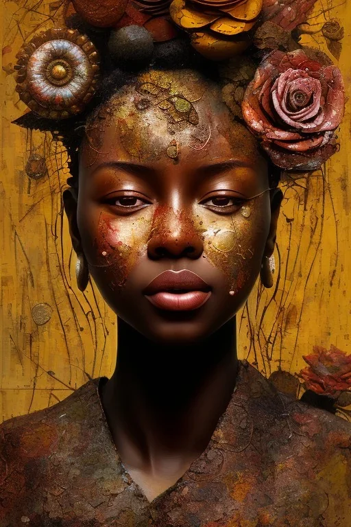 an abstract painting of rusted metal and flowers, african portrait, rust, scaffolding, iron cladding, decay, mixed media, textured, anatomically correct, beautiful perfect face, sharp focus, highly detailed