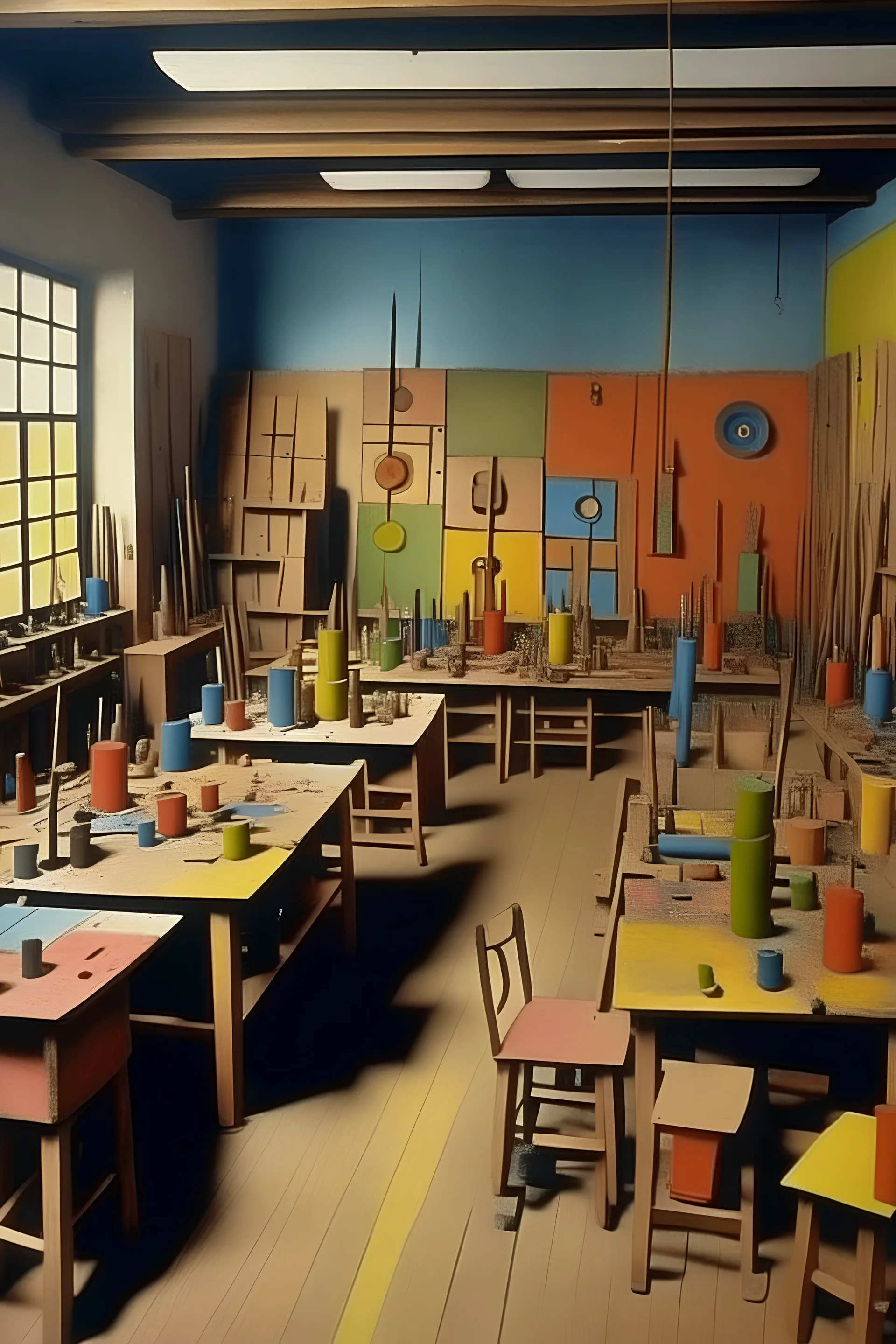 A workshop filled with machines painted by Paul Klee