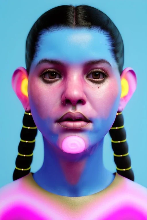 Ultra Realistic image, Rosalía artist, portrait, normal complexion, waist up portrait, two monkeys hair,black eye long line, sweet face, t-shirt with holes, inflatable open coat, gold pink and blue style, spray glow make up, geometric led jewelry, fog, hot, inflatable style latex coat, vibrant color, highly detailed, art stations, concept art, smooth, unreal engine 5, god rays, ray tracing, RTX, lumen lighting, ultra detail, volumetric lighting, 3d, finely drawn, high definition, high resolutio