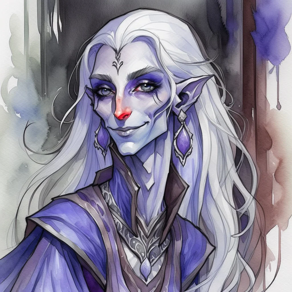 dnd, fantasy, watercolour, large strokes, stylistic, portrait, illustration, dull colours, woman, dark elf, drow, face, narrow long face, weathered face, purple eyes, vicious, smiling, white hair, very long hair streaming down the shoulders, lush hair, elegant, short small mouth, wide smile