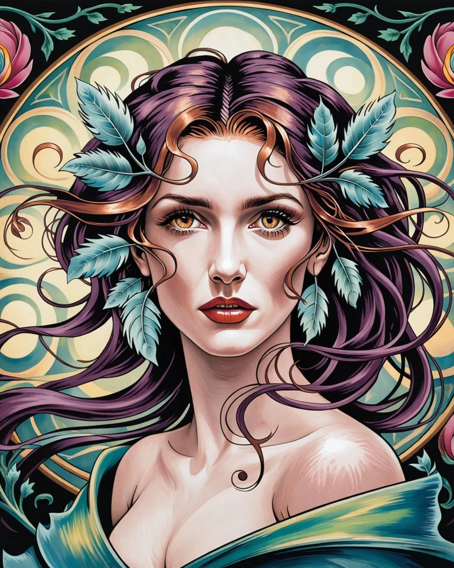 stunning Art Nouveau illustration depicts "," a powerful sorceress with cascading, wavy purplish hair interwoven with coppery tresses framing her face and adorned with delicate silver leaves. Her dramatic features include full, flaming lips and intensely beautiful brown eyes that convey ancient wisdom and command, angled slightly upward in a knowing gaze, and she is positioned according to the one-third rule composition. Behind her, a backdrop of swirling, stylized floral patterns in deep jewel