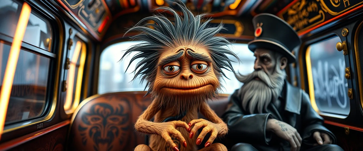 close up portrait of hairy fluffy polymer clay cute happy worried monster with realistic human colored and textured skin, and long sleek limbs and with studio lights, on a luxury ornate neon buss with strange graphitti and tatooes, talking to a wise man