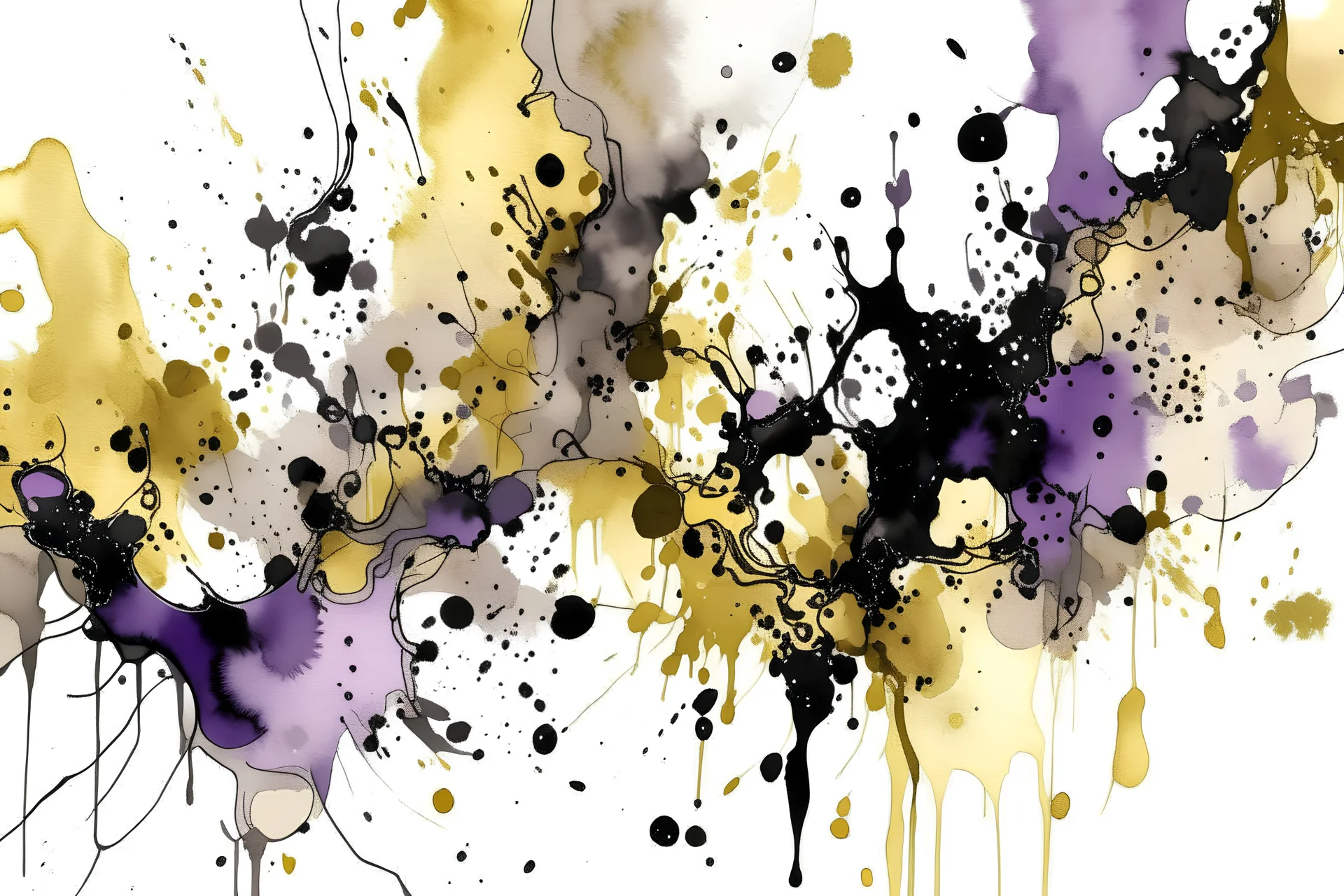 (ivory, black, gold, purpure) spots and splashes of watercolor paint on a white background