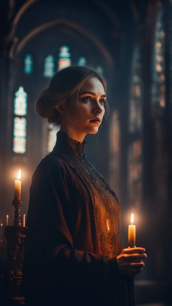 Shi Fi, a beautiful Russianwoman in the church holding a candle, atmospheric lighting effects, intricate industrial details, moody atmosphere, eerie grimdark ambiance, complex motherboard accents, speculative fiction art. Bokeh