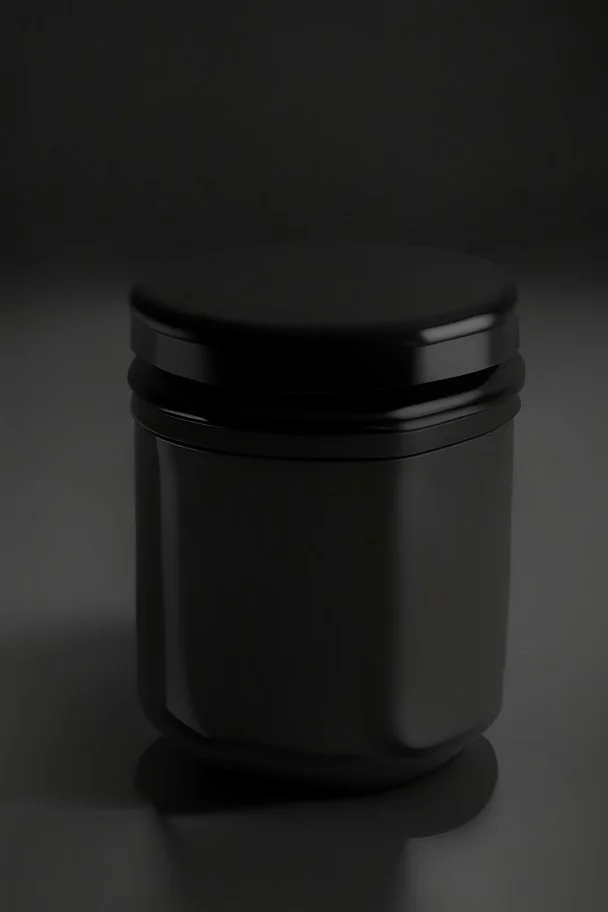 black container, plastic, realism, with screw lid, no labels, round container, view from the front, dark studio setting