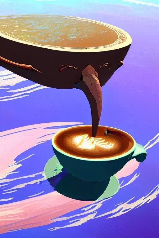 cup of coffee on sperm whale floating in space, monet style