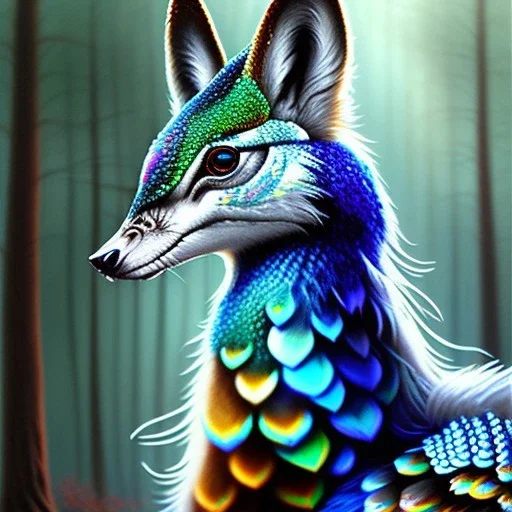 wolf peacock with sunglasses, fine pencil, spray paint, chalk, blurred forest background, mist, sunrays