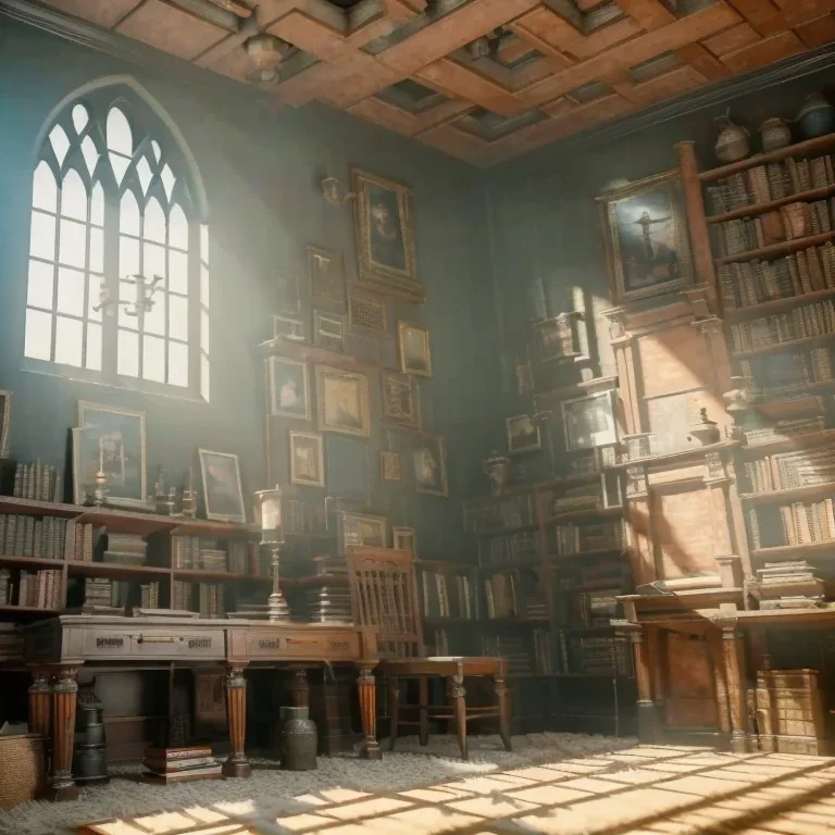 inside of a mystery gothic museum , dystopic, millions of books, labyrintic architecture, orange color scheme, high key lighting, volumetric light high details with white stripes and feathers unreal 5, octane render, cinema4d, dynamic lighting, dramatic lighting, 4k, redshift render, highly detailed, hyper realistic, sunset, Stephan Eicher