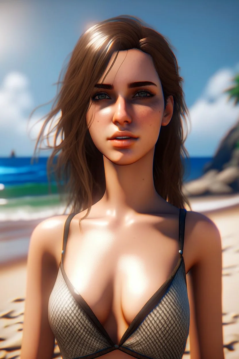 Frau, 26-jährig, realistische Haut, realistische Haare, lasziver Blick, bikini am strand.