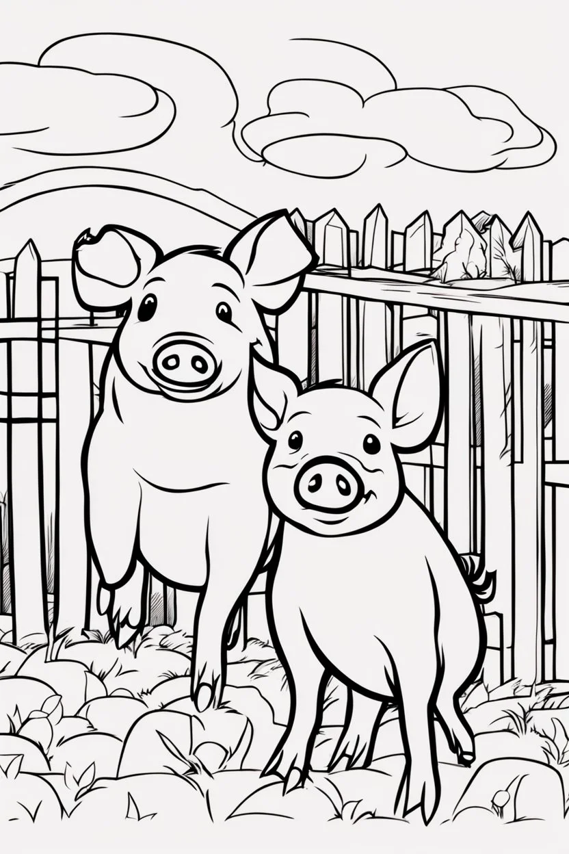 coloring page, pigs in a pen, cartoon style, thick lines, low detail, no shading