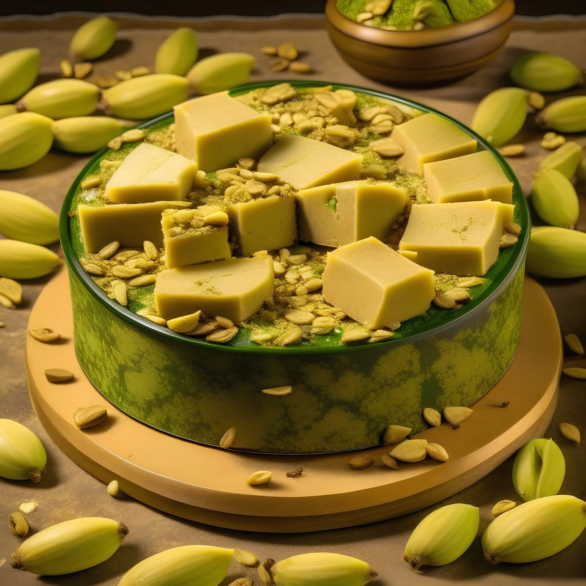 A round box of halva, surrounded by pieces of pistachios and pieces of halva