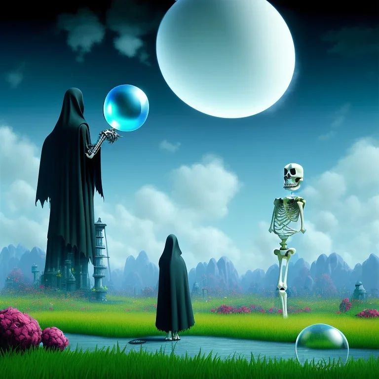 The Grim Reaper and the Skeleton on bubble world, discussing the future of the universe, art by Magritte and Pixar