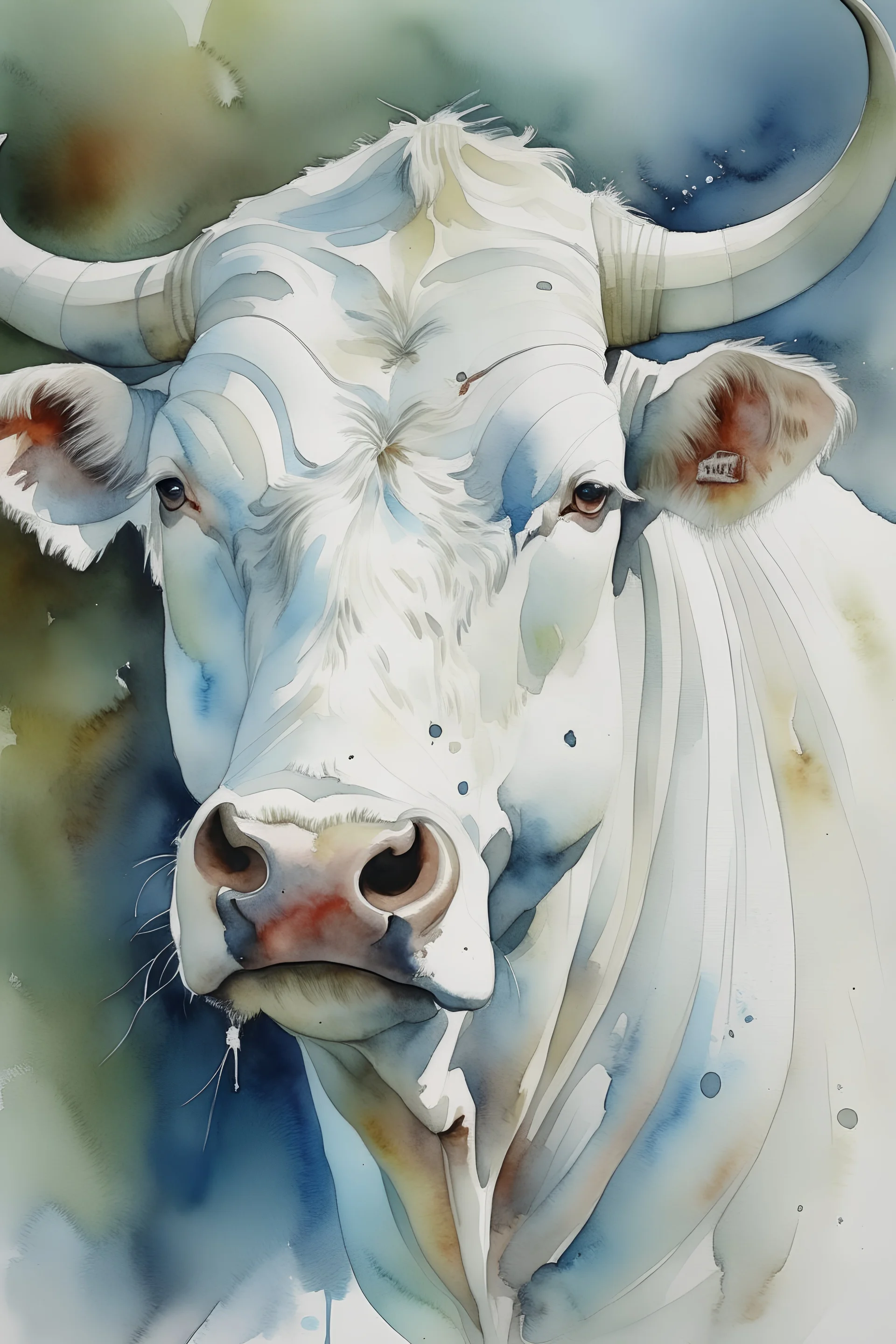 készíts egy akvarell festményt az alábbiak szerint: fehér bika portréja