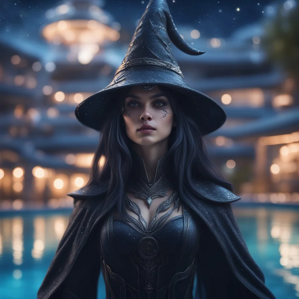 pen outline, layered, portrait of dark space witch with strong gaze, by the pool, pool contains floating star ship of extreme complexity and beauty,bokeh like f/0.8, tilt-shift lens 8k, high detail, smooth render, down-light, unreal engine