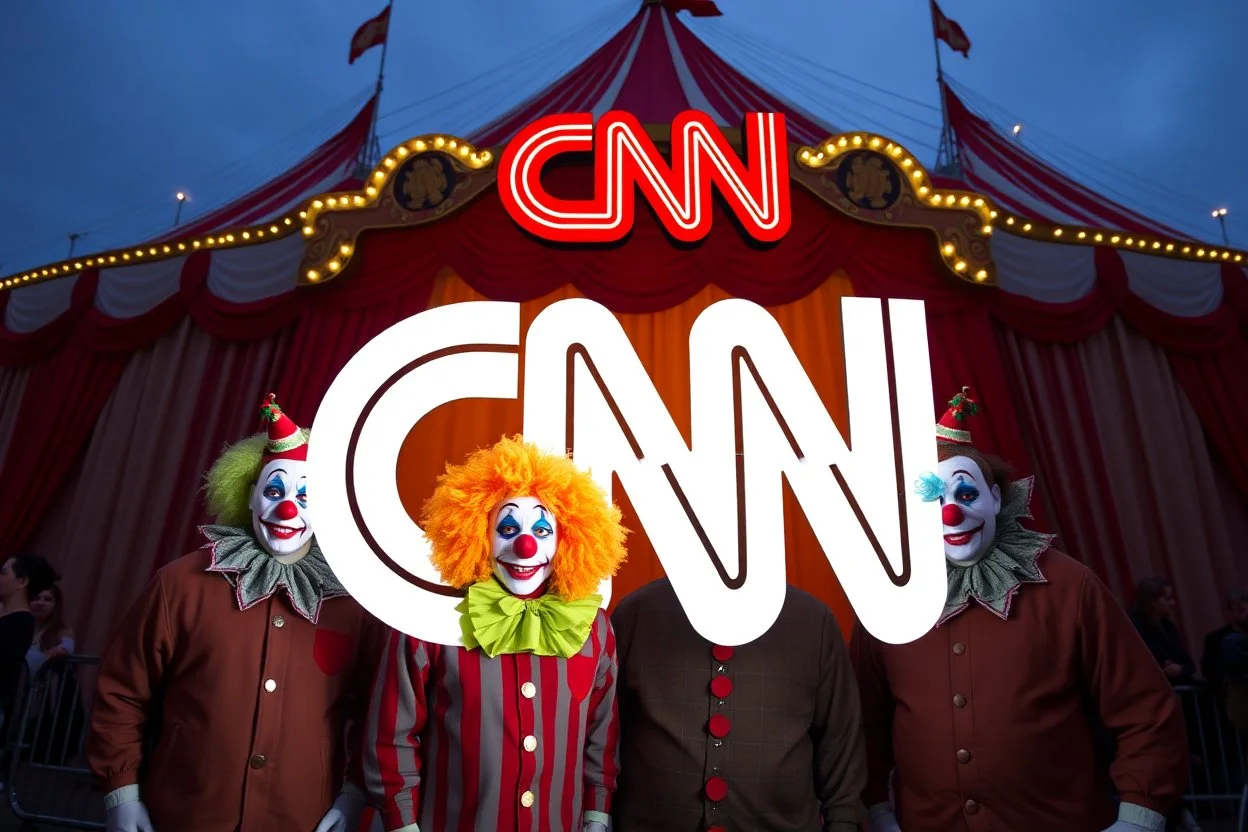 a group of clowns in front of the circus with a CNN logo