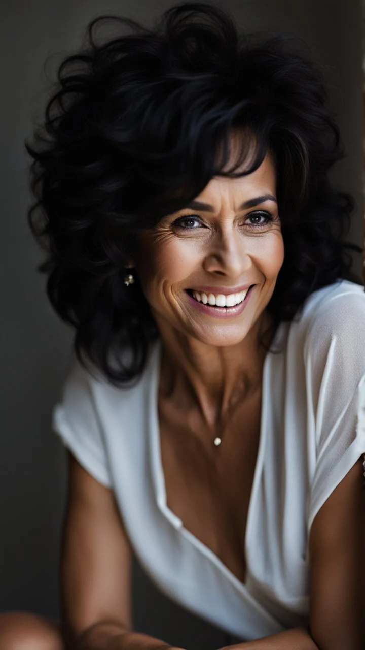 Portrait of a 50 year old Olive skinned woman with dark salt and pepper hair, smiling