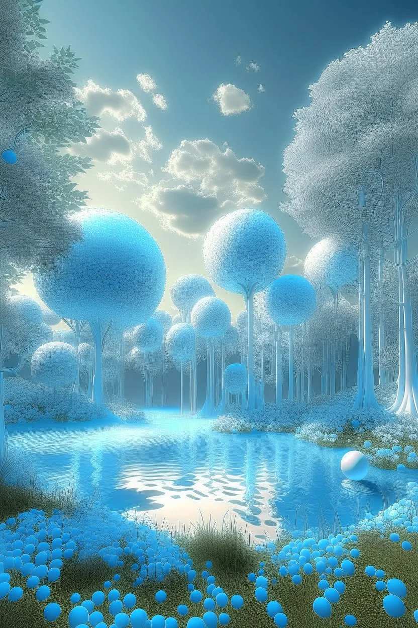 A stunning forest with tree made out of plastics and a lake of white small balls ad water, surreal, Dali, Van Gogh, fine line art styles , fantasy world ,3D , 8k, dim lighting and clouds is fume