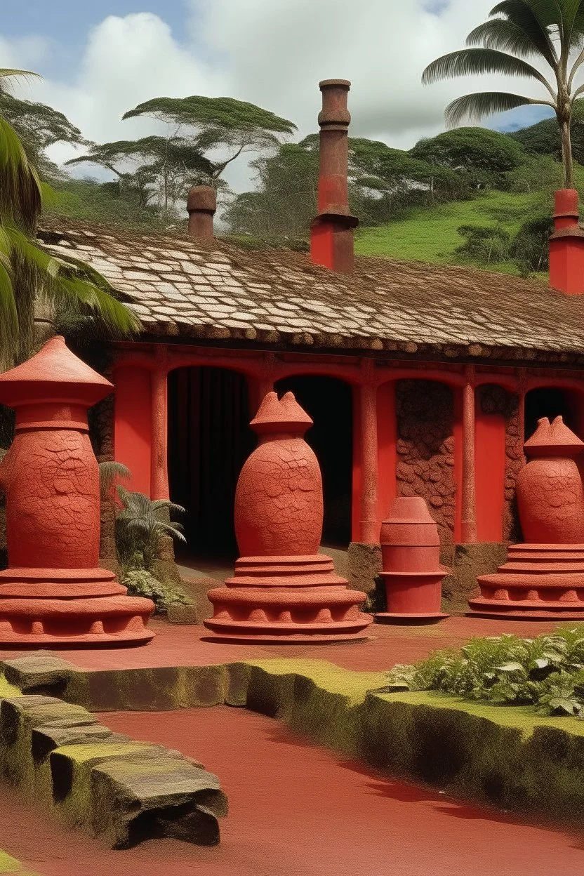 A red volcanic furnace factory designed in Hawaiian tiki statues painted by Albert Pinkham Ryder