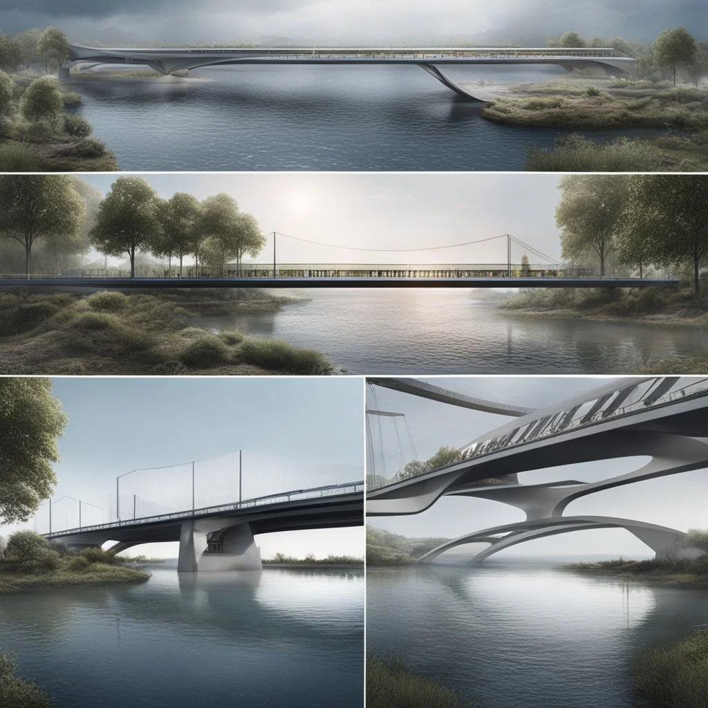 **Cinematic Art:** Depict futuristic bridges that adapt to rising water levels. Their modular design allows sections to rise or lower based on tides and storm forecasts. Close-ups of bridge joints and mechanisms, emphasizing their flexibility. **Appearance:** Cinematic art ideas that that encapsulate the essence of constructing and optimizing flood and stormwater infrastructure in geographical and coastal areas prone to natural disasters. These ideas aim to raise civil, public, and community awa