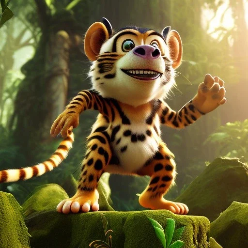 Marsupilami comic figure, photorealistic picture, unreal engine 5, lifelike, high detail intricate, jungle background, realistic proportions, extremely long tail, long floppy ears, monkey hands, monkey feet, cheetah face