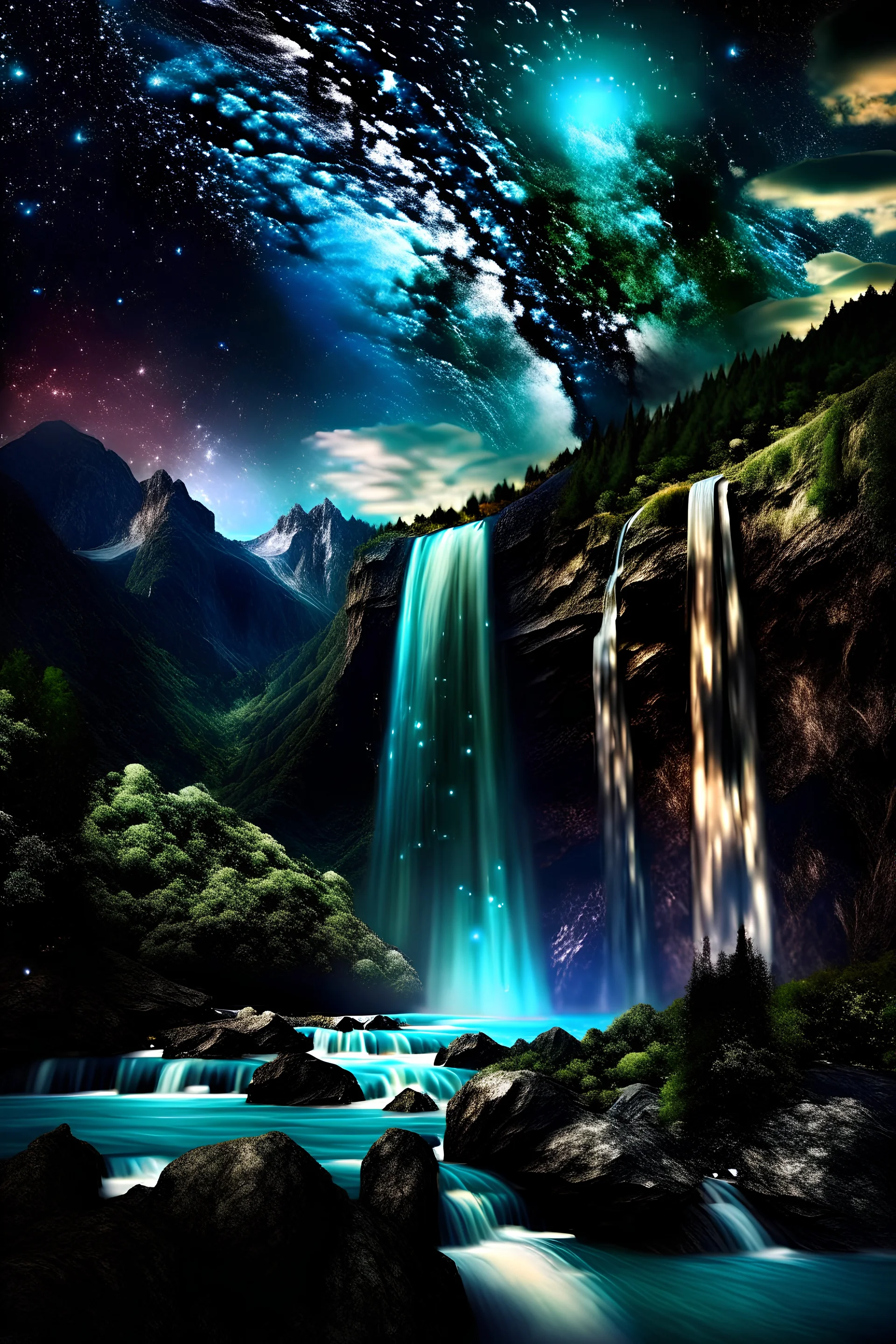 mountains over spiral galaxy and waterfall