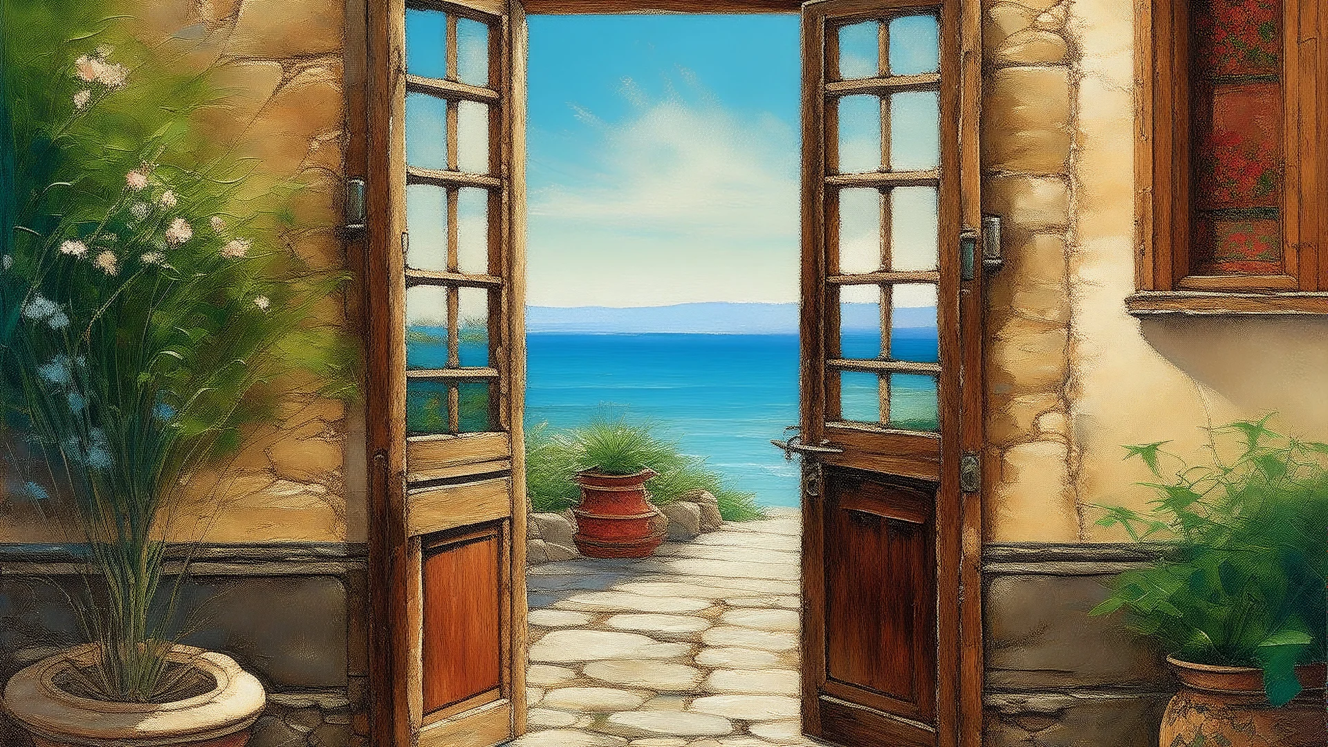 Image is a painting depicting an open doorway leading to a serene seaside view. The style is vibrant and expressive, with bold brushstrokes and a rich color palette. The layout features a symmetrical composition, with two wooden doors flanking the scene, each adorned with metal rings and rustic textures. Beyond the doors, a cobblestone patio is visible, leading to a low stone wall. Beyond the wall, the ocean stretches out under a bright blue sky dotted with fluffy white clouds. The sunlight cast