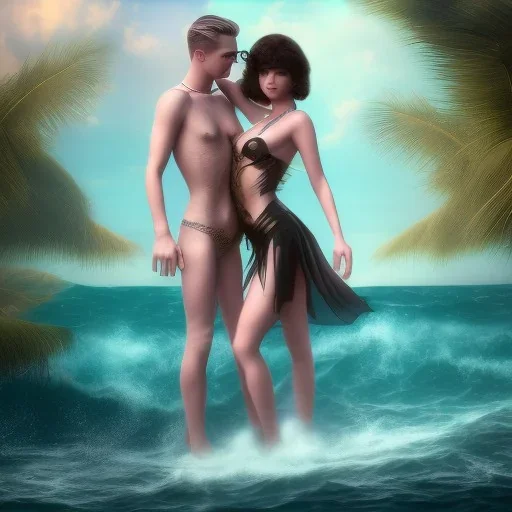 Aaron Carter with sexy Clara Bow, stormy seas, two people, Aaron Carter, romance, romantic, water, swimming, DAZ3D, by Michael Turner, soft lips, cinematic lighting, studio lighting, shine, 4K, fantastic view, girls at beach with her.