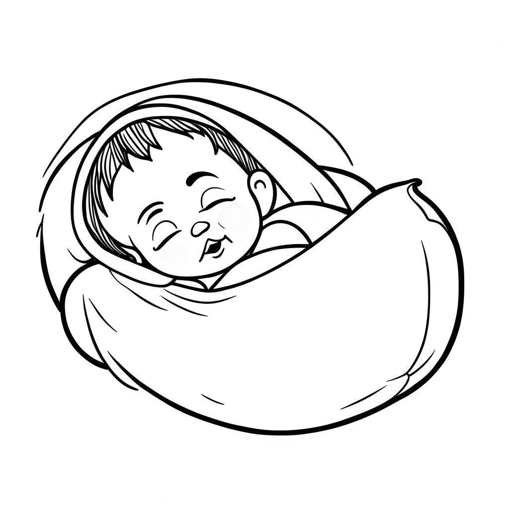 A black and white cute drawing of a baby jesus sleeping, only outline, white background,for kids