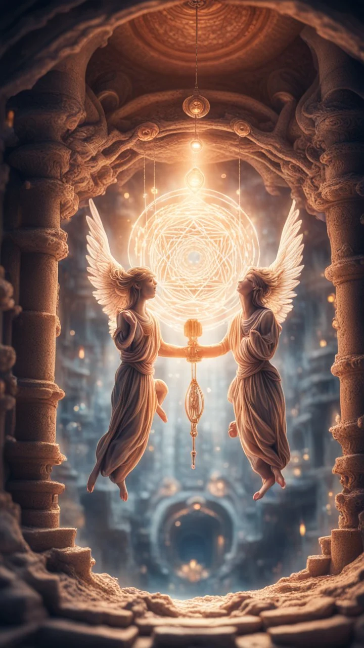 airbrush, pen outline, sacred geometry, Harut and Marut are a pair of angels hanging upside down inside the well. They are said to tempt humans by teaching them the arts of sorcery, bokeh like f/0.8, tilt-shift lens 8k, high detail, smooth render, down-light, unreal engine, prize winning