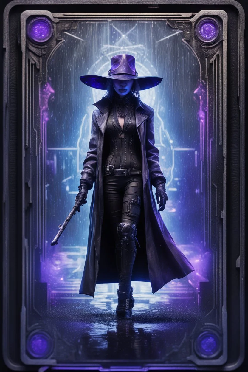 sacred geometry framed playing card, black, blue and purple noen cyber punk dancer thief in soaked rain coat and cowboy witch hat shadows boss card in the style of Giger and fallout 4 ,,bokeh like f/0.8, tilt-shift lens 8k, high detail, smooth render, down-light, unreal engine