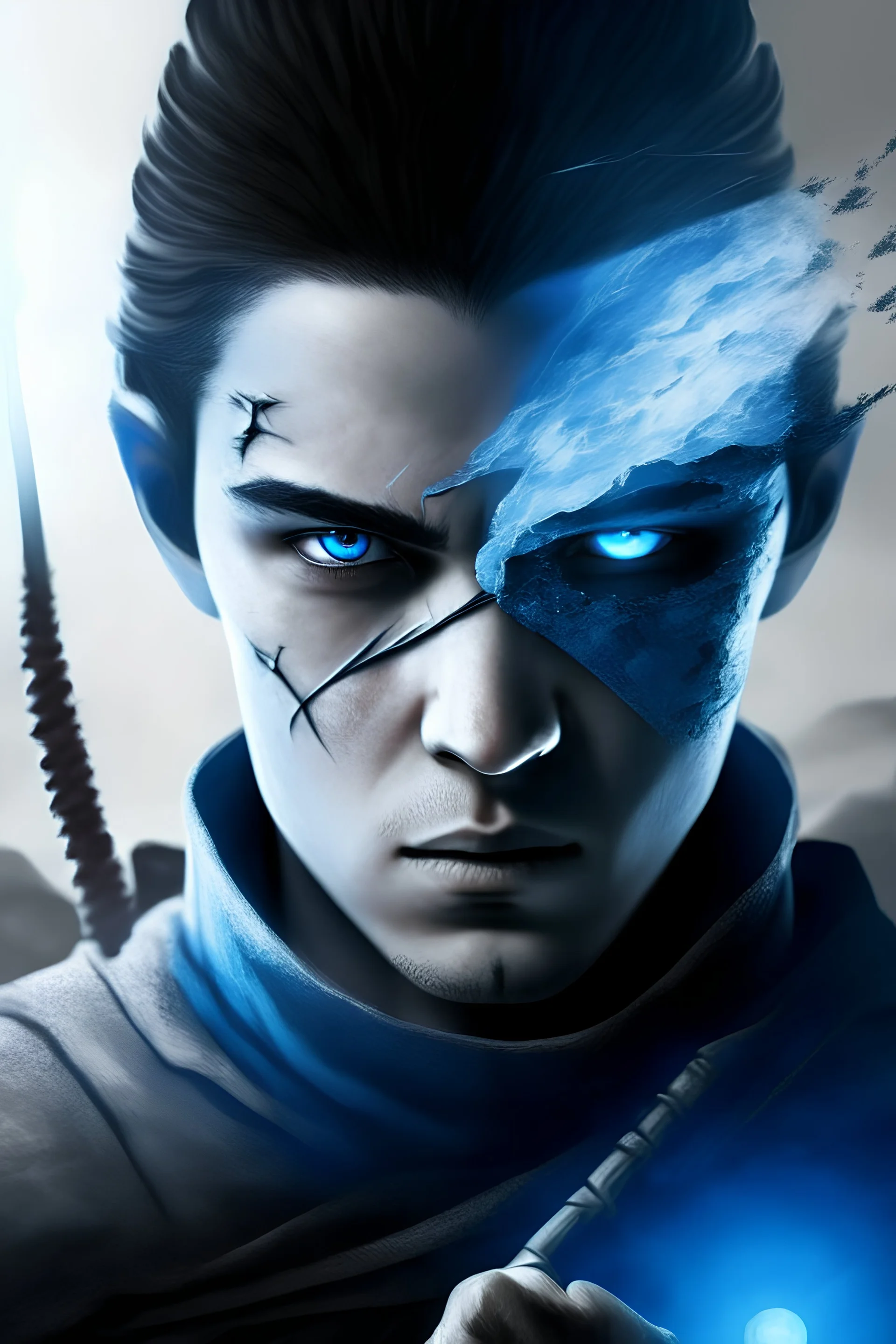 a medival young man cursed with demon blue ice scale like skin around his eye and a demon eye, half of a face altered, whole character