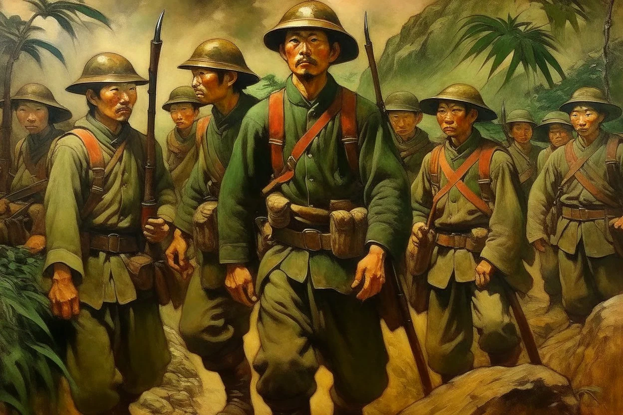 Japanese 1920 oil painting Fedra and the CRM but as Vietnam soldiers.