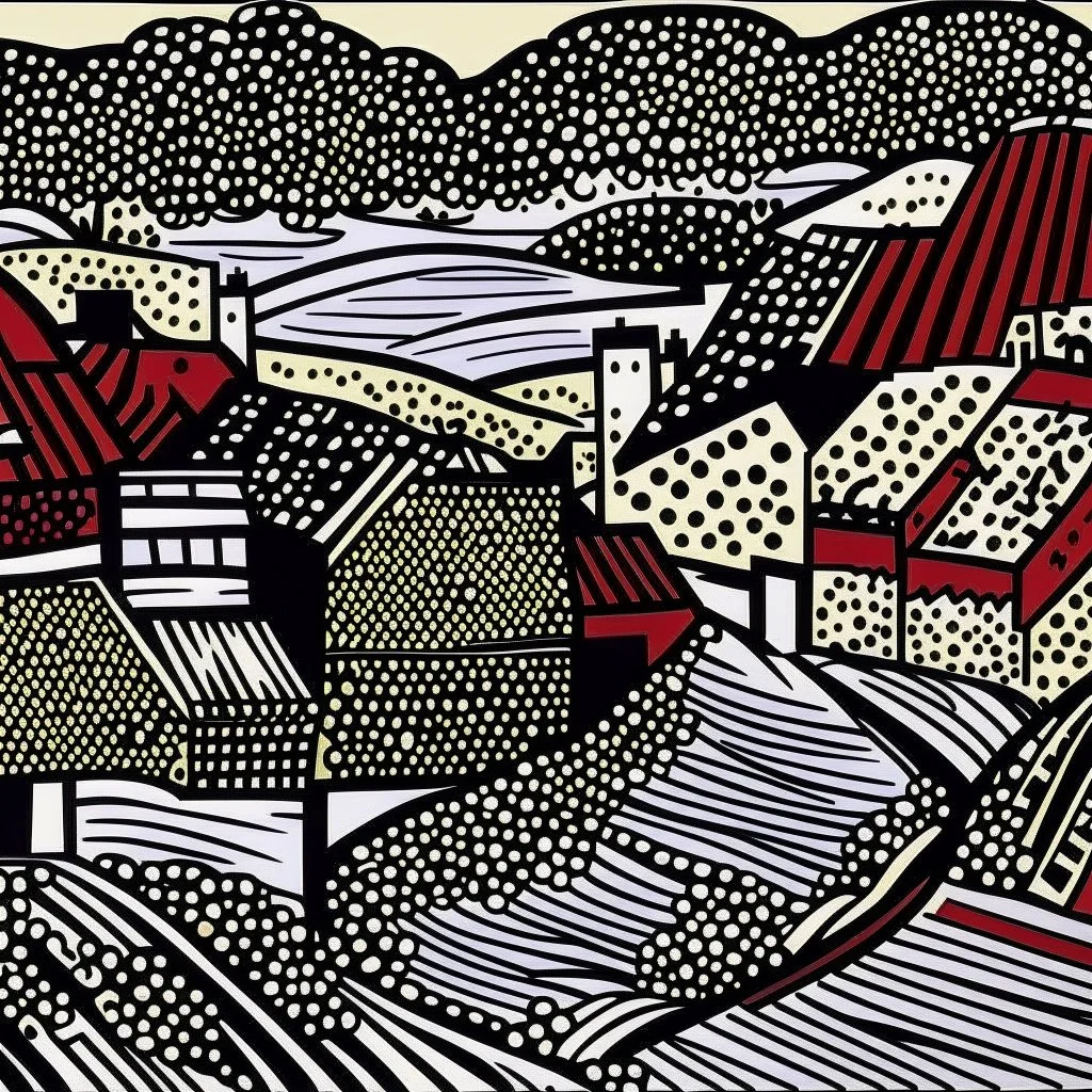 A dark red village with a port painted by Roy Lichtenstein