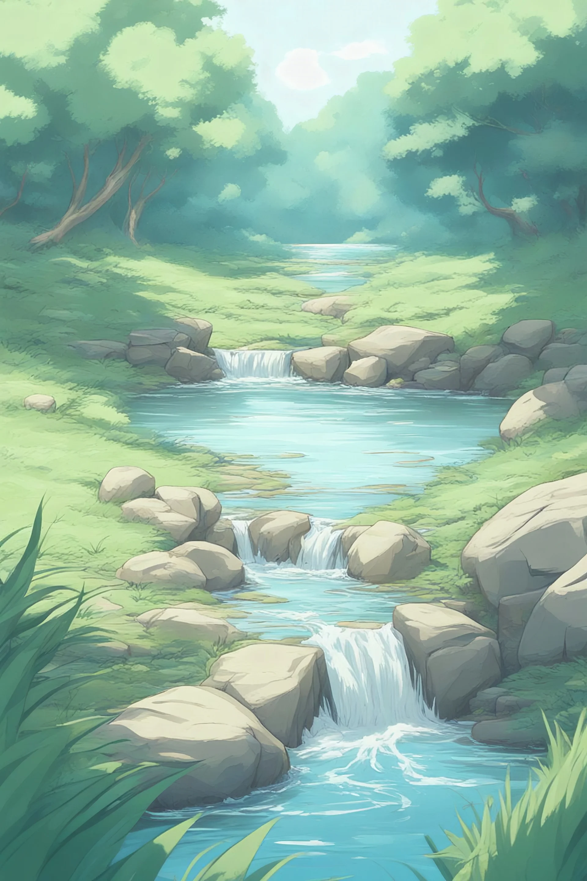 A river, in middle of grass and woods, a little rock jumping in the water, day, masterpiece, extreme quality, anime art style, high detailed, manga art style