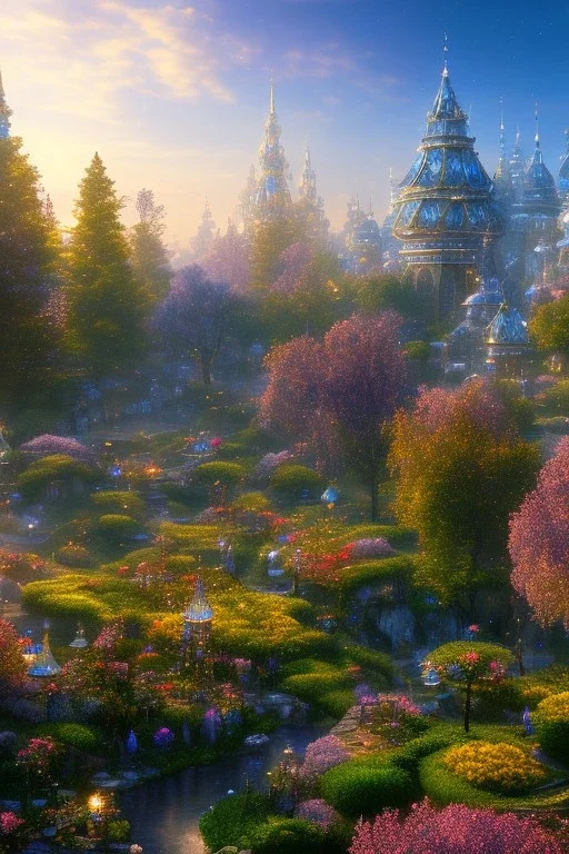 landscape, city of the elves, rose, gold, very blue sky, crystal domes, glistening oiled shiny, intricate, Exquisite details and textures, highly detailed, digital painting, artstation, concept art, sharp focus, nature background, illustration, 8k, by stability ai, nvidia