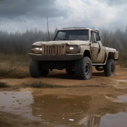 stylized hyperrealistic shot, muddy military toy truck, monotone color palette, sharp focus, puddle reflection, tire water splash, refraction, mist on the horizon, shadowcast, god rays, detailed and intricate, cinematic composition, micro, tilt shift photography