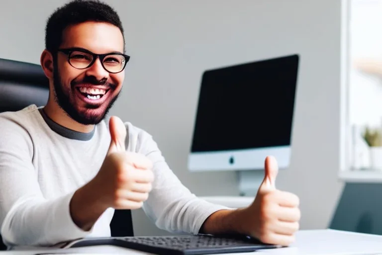 photo of smiling person sitting at computer giving thumbs up