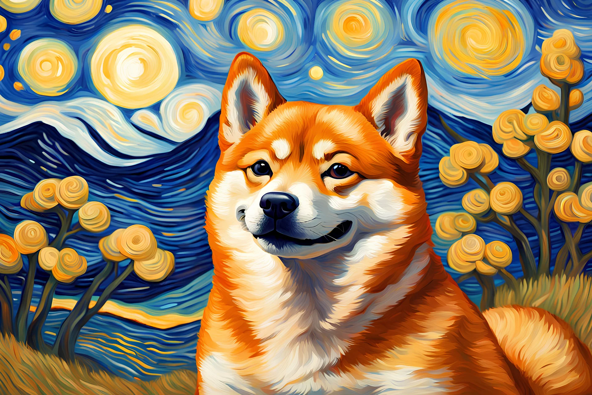 shiba inu painting in van gogh style