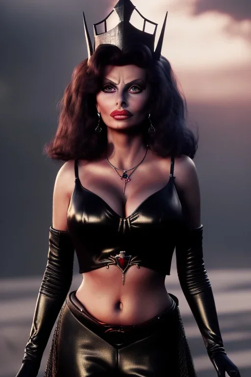 young sophia loren as evil queen in black leather, angry, stern look, volumetric lighting, particales,highly detailed,cinematic, deep colours,8