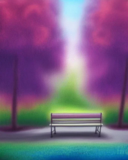 park mystical dream, park bench, man, woman, child, dog, trees, path, bird, sunshine, mystical, fantasy, romanticism, pastel colors, daylight, daytime, acrylic painting, detailed, soft focus,