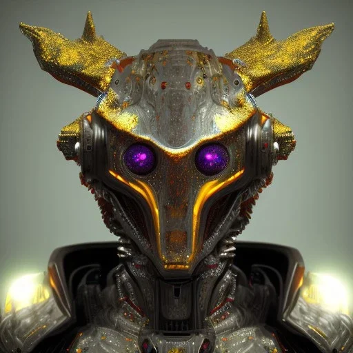 hunter warrior Galaxy robotic bloody 3d theeth body details 16k body dark horn metal silver hybrid Gold Reckt Powerful diamond portrait real monster eyes glow render