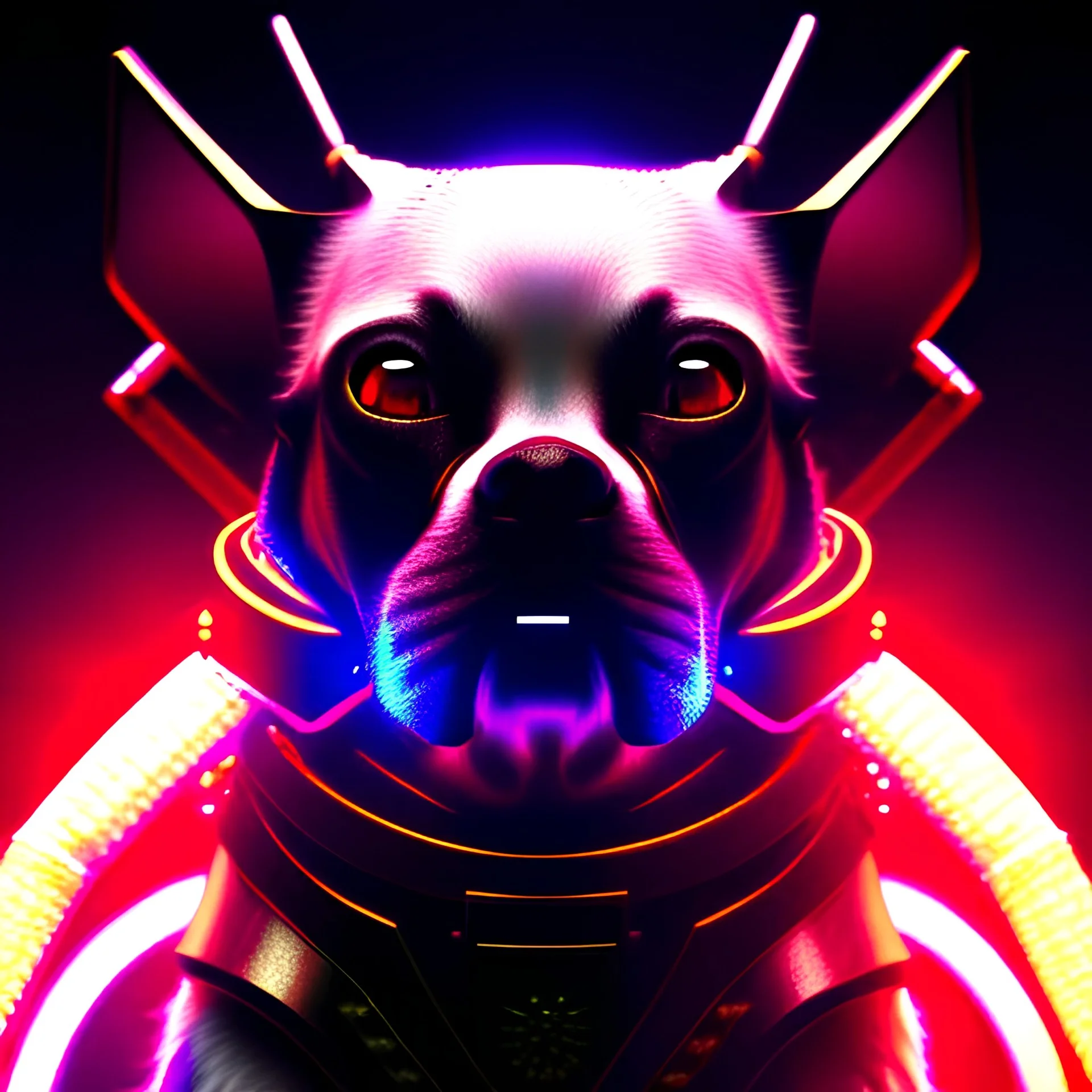 samurai Dog. ciberpunk. Artstation, Light Painting, Super-Resolution Microscopy 8K Phosphor Display, Ray Tracing Reflections, RGB Displacement, Glowing Edges, RTX