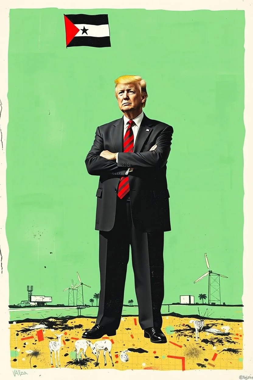 trump standing in gaza in the style of basqiat
