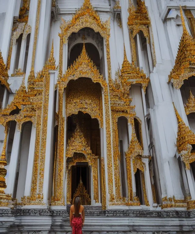 A woman stands in front of a grand palace, her eyes wide with wonder as she takes in the stunning architecture and ornate details.