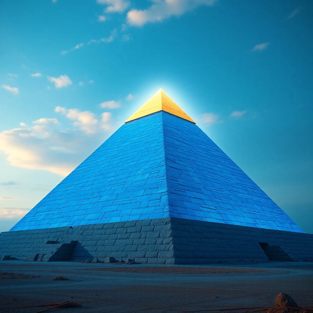 A hyper-realistic, A pyramid with a blue glow above the azure sky. the top is gold., Photo Real, HOF, full size, practicality,manufacturability,performance, (((realism, realistic, realphoto, photography, portrait, realistic, elegant, charming, apocalyptic environment, professional photographer, captured with professional DSLR camera, trending on Artstation, 64k, ultra detailed, ultra accurate detailed, bokeh lighting, surrealism,
