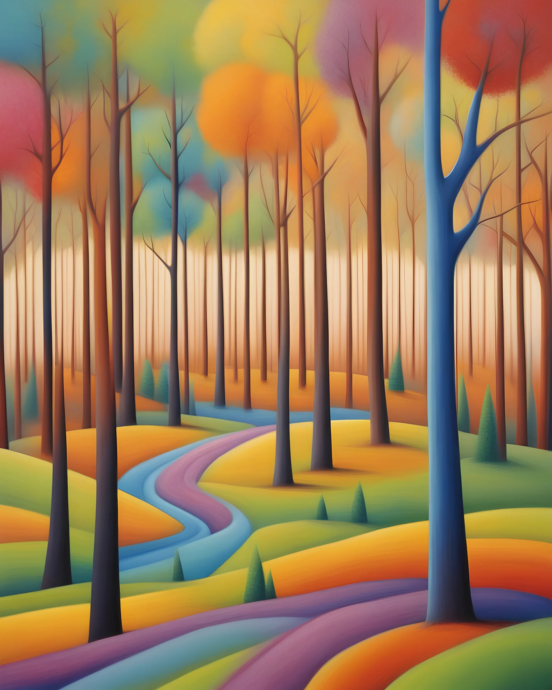 a whimsical multicolor forrest line, on the horizon, by Iwona Lifsches
