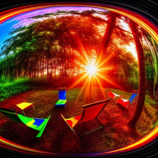 Sunset in a tropical jungle with lawn chairs, blue red and yellow. Distorted. Fisheye. Bokeh.