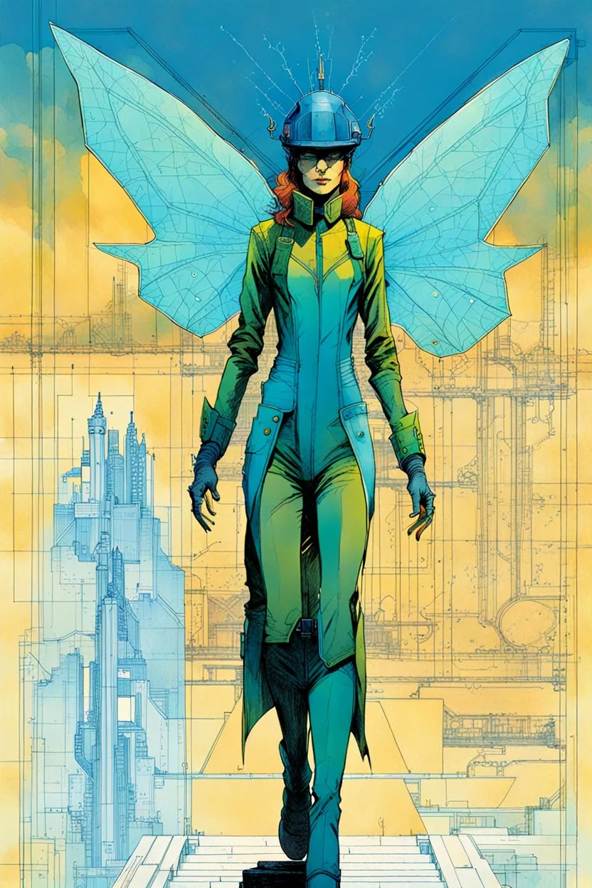 Hand drawn technical,full body portrait illustration , with detailed blueprints and engineering schematics of a walking leaf insect girl, in the comic book art style of BILL SIENKIEWICZ and JEAN GIRAUD MOEBIUS, with highly detailed facial features, drawings, and technical notation, 8k, vibrant natural colors