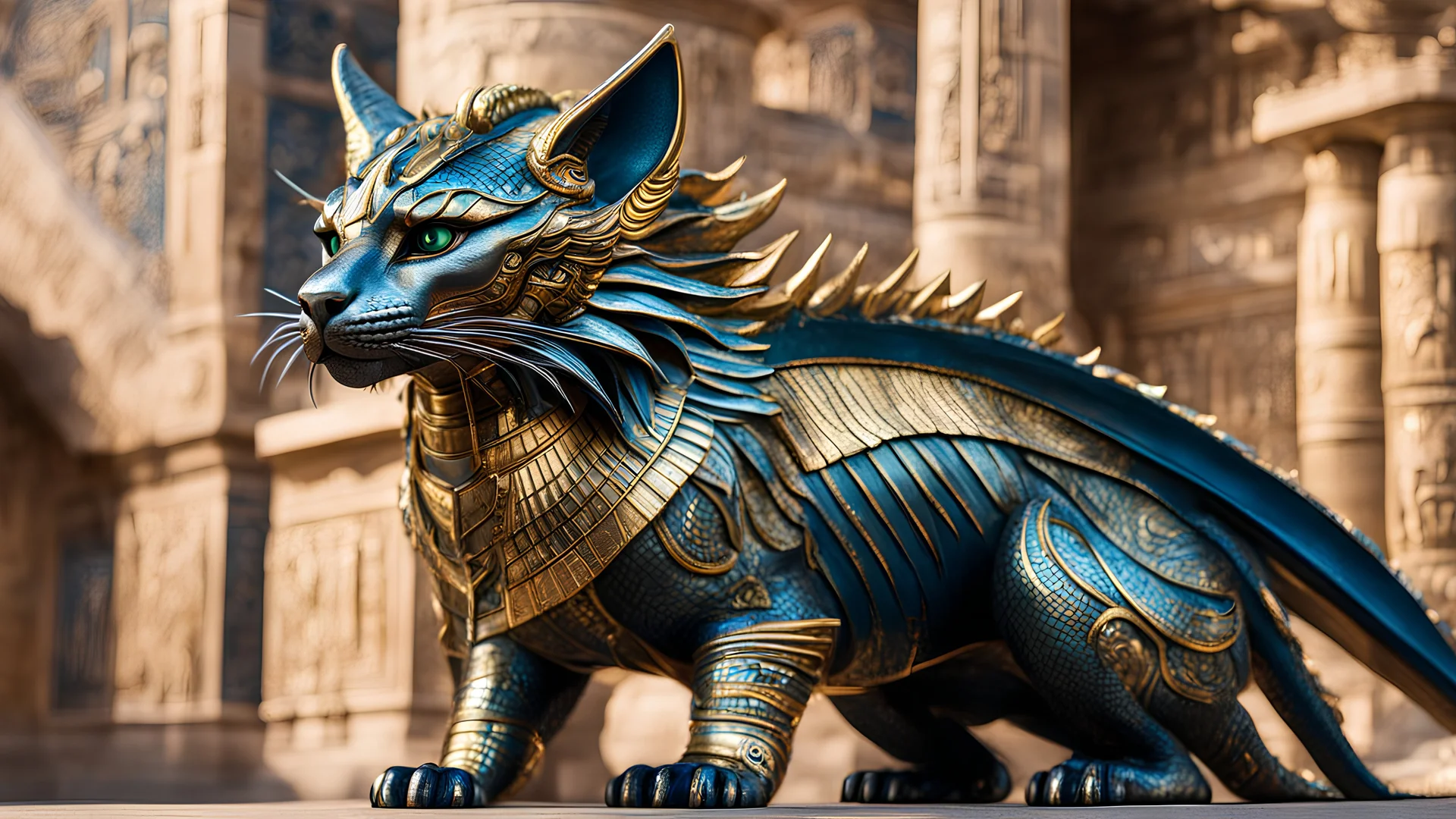 DTSTYLE egyptian feline dragon, metallic colors, medium shot photograph, hyperdetailed, epic scale and presence, natural lighting